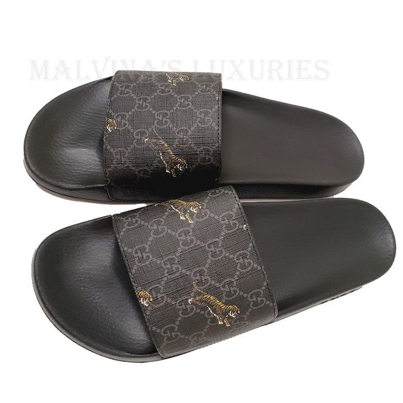 GUCCI SHOES MENS GG SUPREME CANVAS LOGO TIGER SLIDES SANDALS Size 9/ US 9.5 - Picture 5 of 15